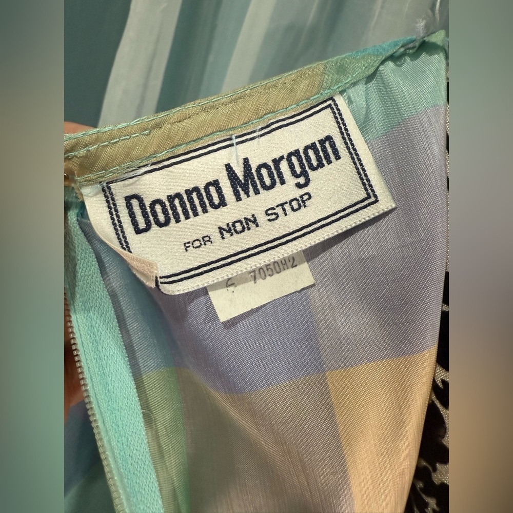 1980’s Donna Morgan Pastel Checkered Designer Cocktail Dress w/ Ruffle Collar - Picture 4 of 12
